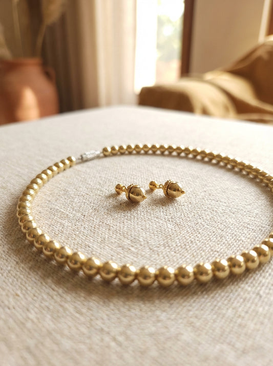 Gold-Plated Beaded Necklace and Stud Earrings Set