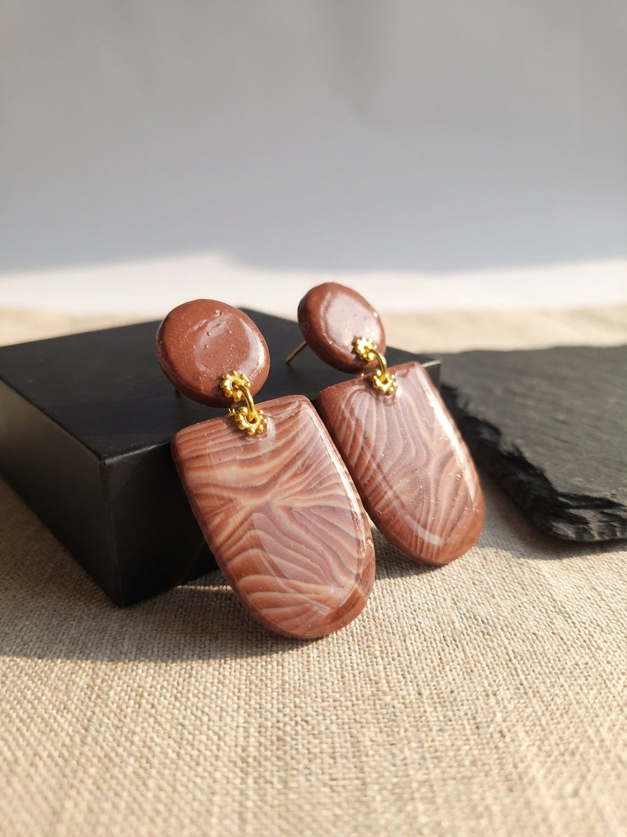 Mocha Shield Clay Earrings – Handmade Statement Earrings