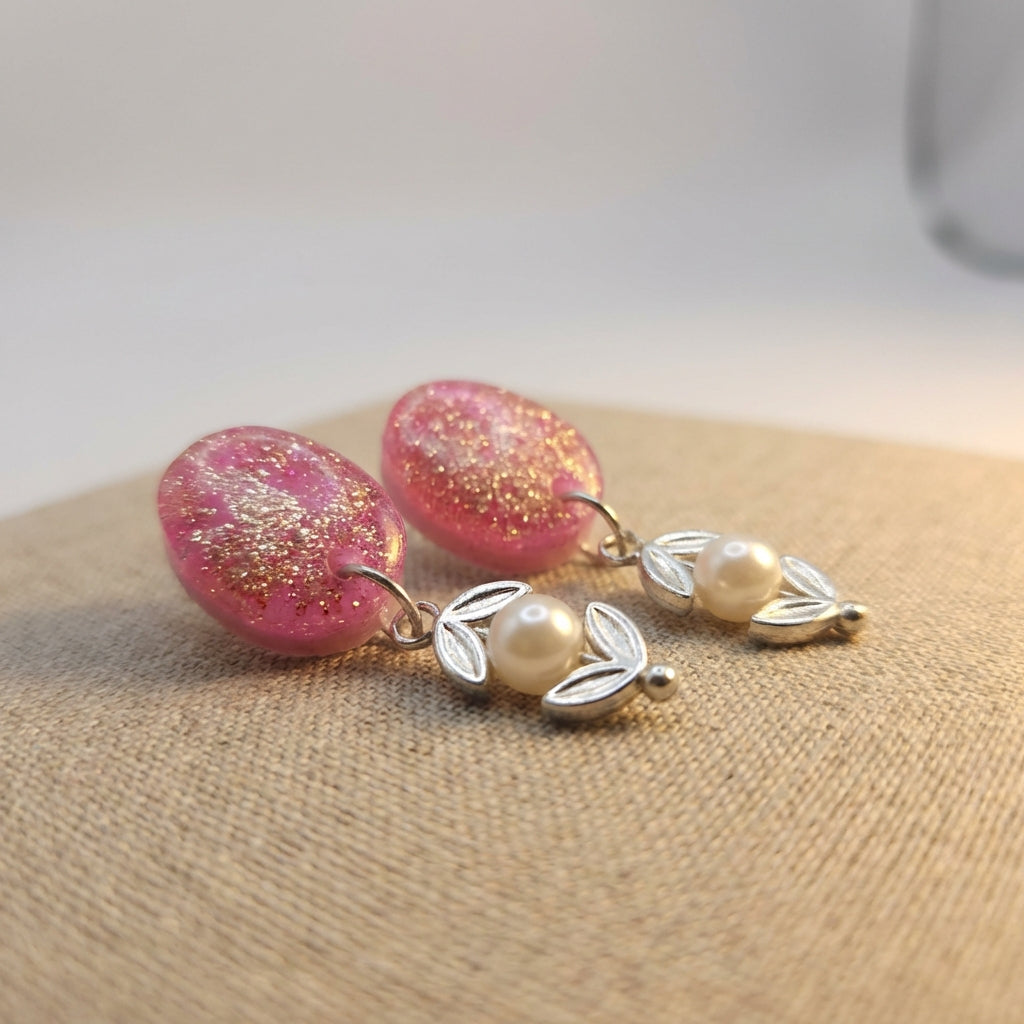 Pink Resin & Pearl Earrings with Silver Colour Heart Details