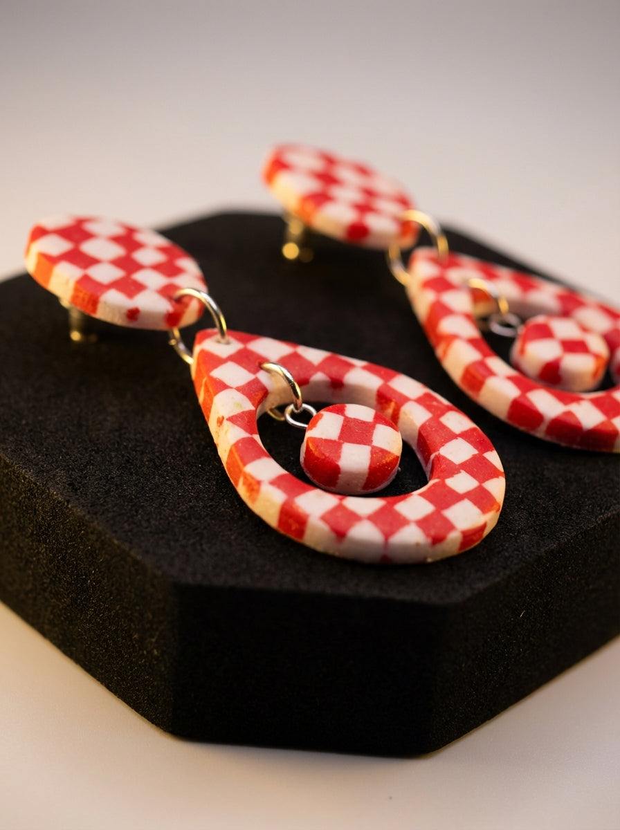 Handcrafted Red & White Checkerboard Clay Statement Earrings