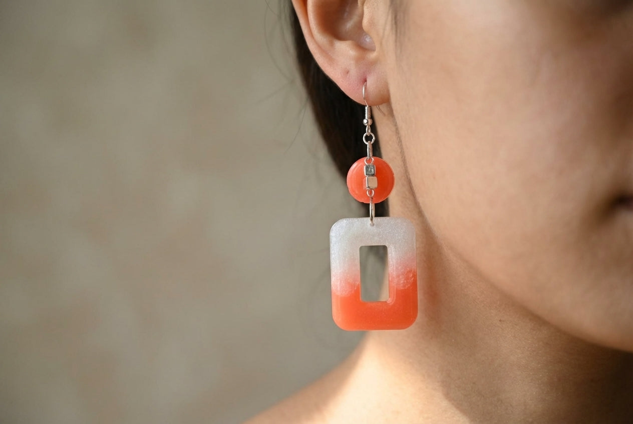 Orange & Clear Geometric Drop Earrings