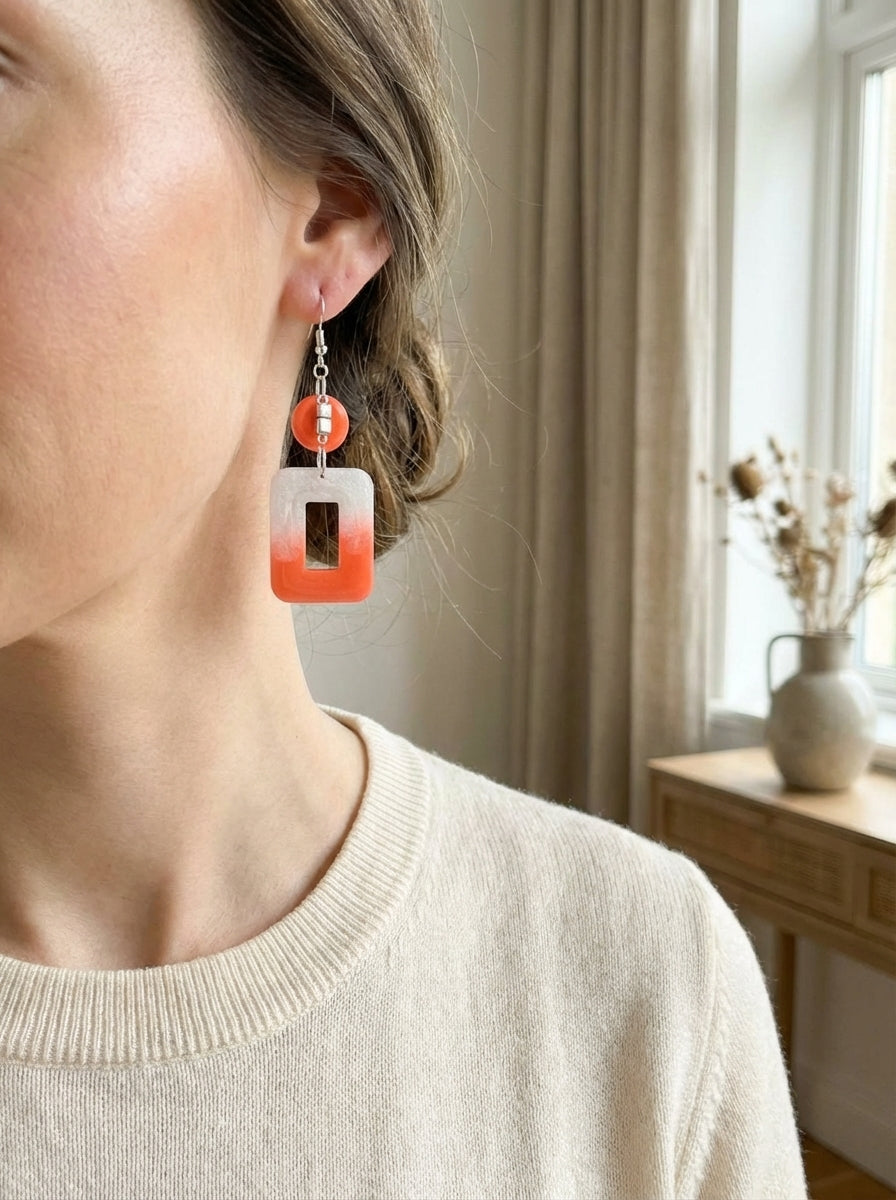 Orange & Clear Geometric Drop Earrings